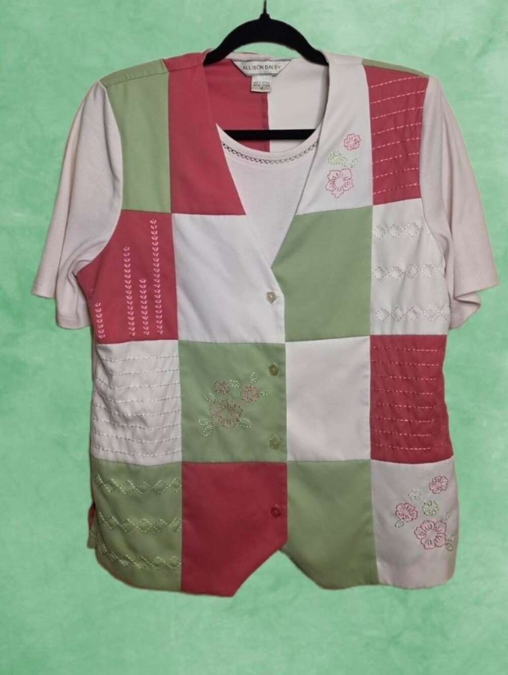 Colorblock Patchwork Short Sleeve Vest - Pink, Green, White
